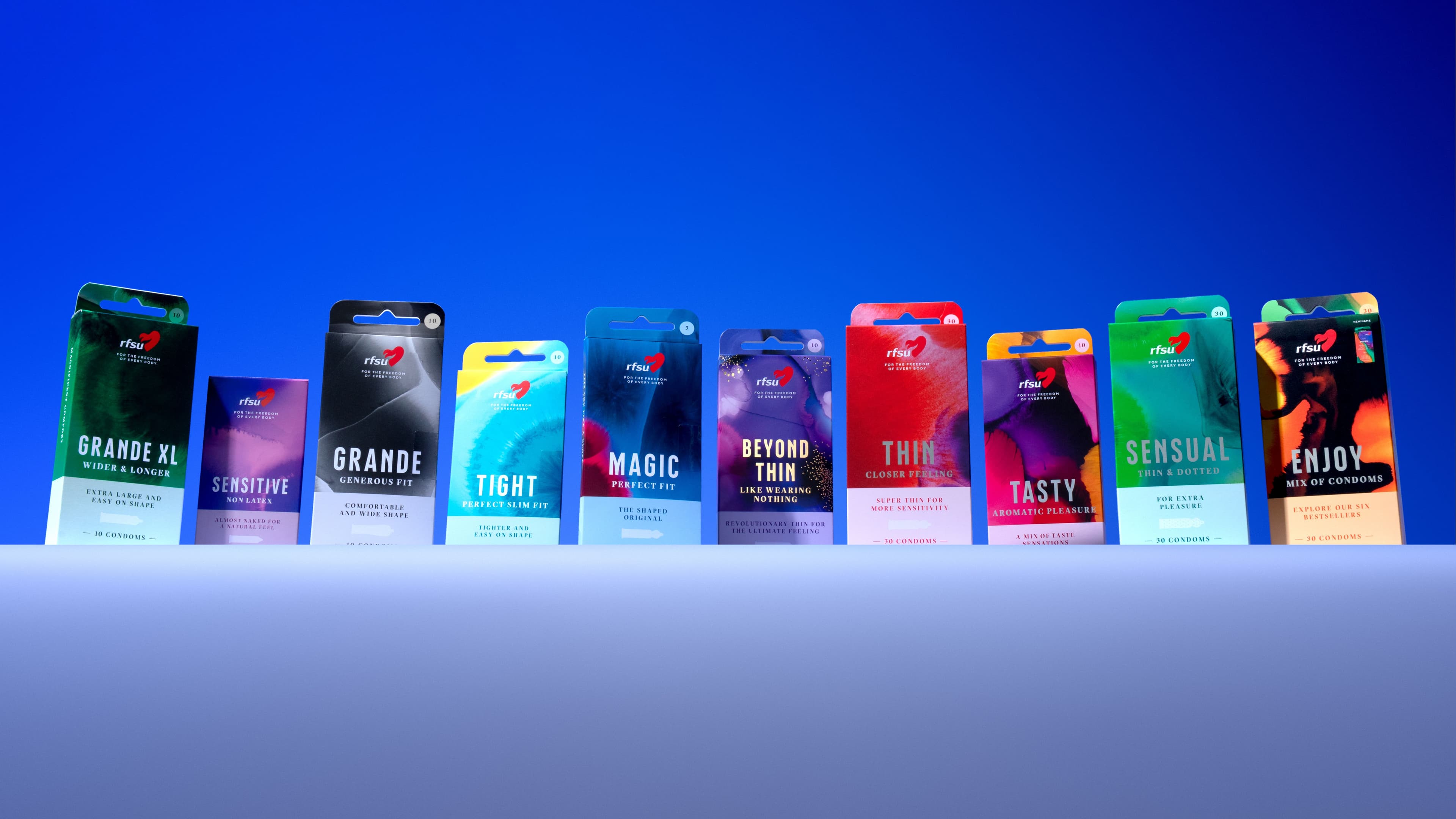 Many condom packages in a row